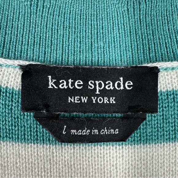 KATE SPADE Green & White Striped V-Neck Cardigan Scalloped Edges Size Large - Picture 7 of 8